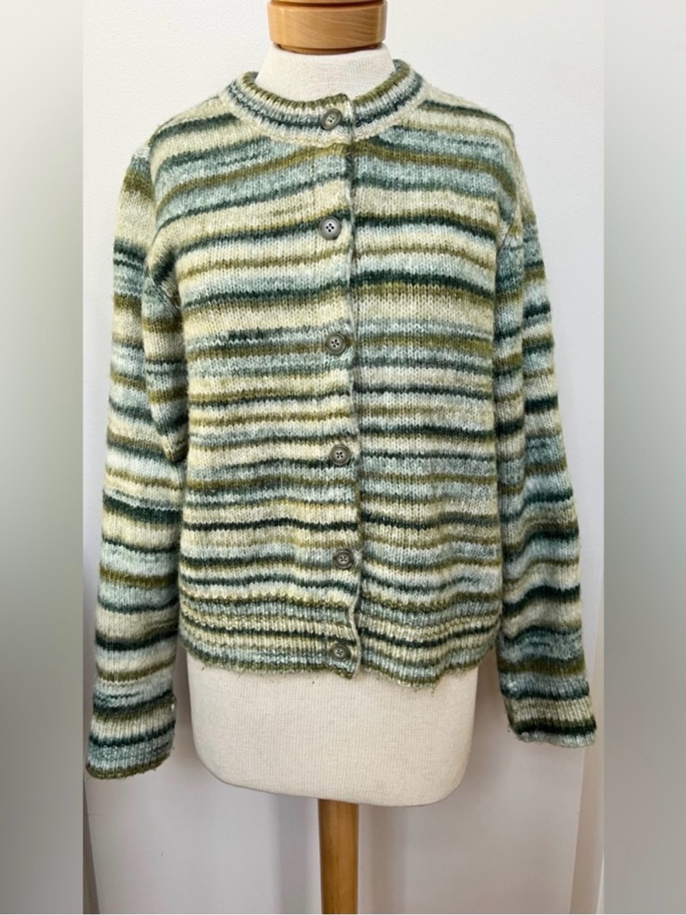 Splendid Striped Cardigan Green Cream Button Front Knit XL